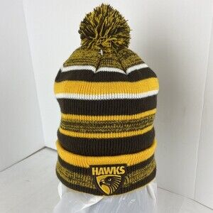 Hawthorn Hawks Beanie Hat AFL Pom Pom Brown Gold Football Footy Dynamo Supporter